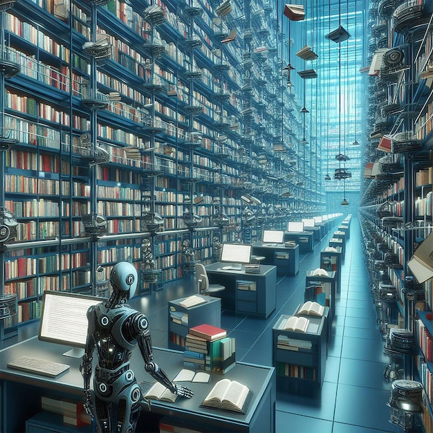 An endless library with books that float to readers on command overseen by a robotic librarian