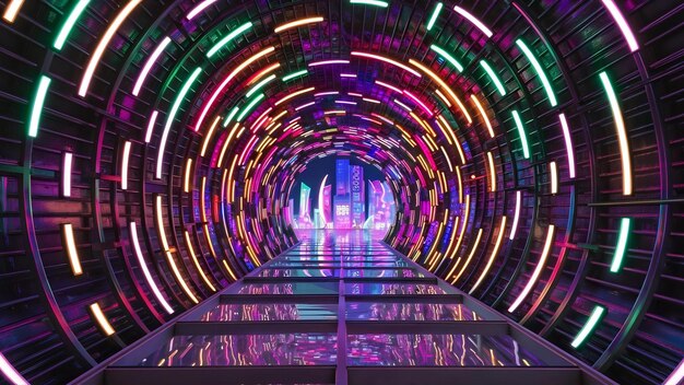 Endless metal tunnel with neon lights