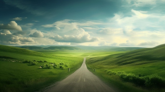 Endless road along green grassland Generative AI