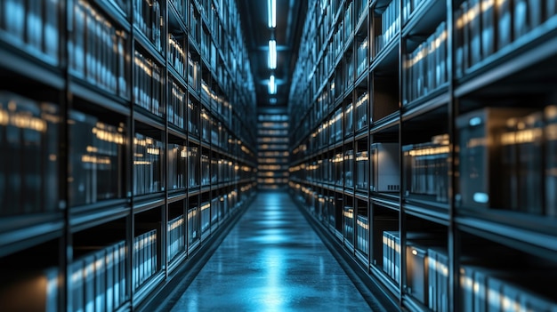 Photo endless rows of black metal shelves in a dark room