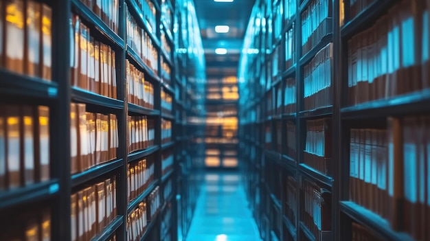 Photo endless rows of bookshelves in an archive