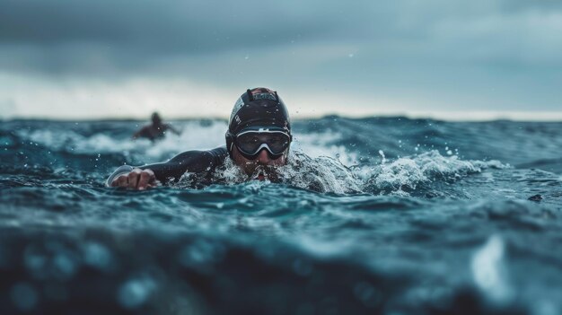 Endurance Triathlete Swimming in Open Water During Competitive Race Action and Athleticism