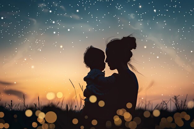 Enduring love Silhouettes of Mothers and Children Against Soft Sunsets or Starry Skies