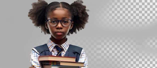 Energetic African American schoolgirl with books clear background for learning