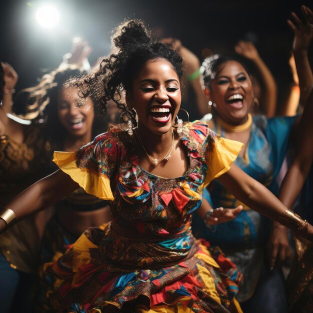 Energetic African women dancing celebrating in vibrant ethnic costumes