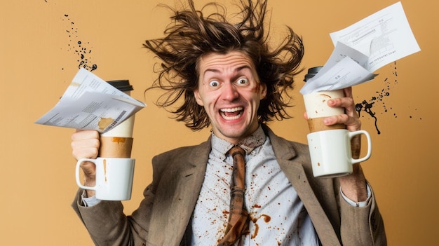 Photo energetic businessman juggling coffee cups and papers with excitement