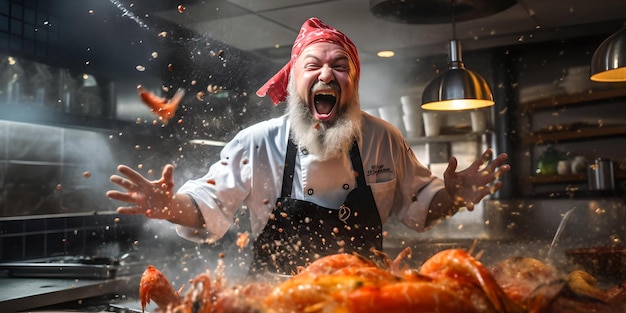 Energetic chef enjoying a culinary explosion in a professional kitchen dynamic cooking action frozen in time captivating image for food fans AI