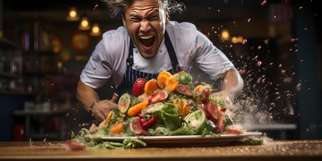 Energetic chef enthusiastically tossing a colorful salad in a modern kitchen setup dynamic food preparation scene AI