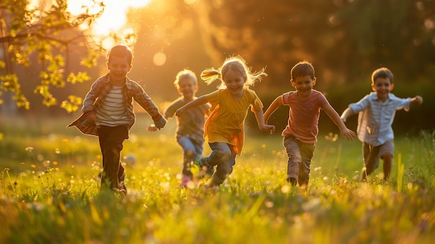 Energetic Children Playing Outdoors in a Field