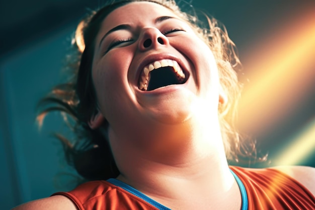 An energetic close up shot capturing a playful overweight woman mid laugh during her fitness routine Generative AI