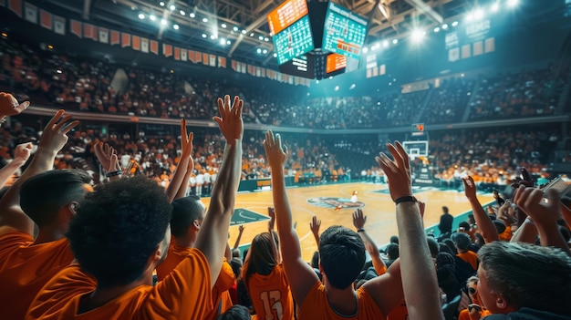 Energetic College Basketball Game with Cheering Students in Stands