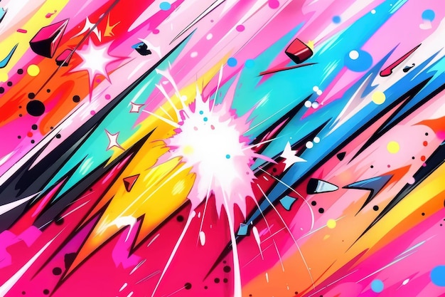 Energetic and colorful abstract painting with splatters and geometric shapes