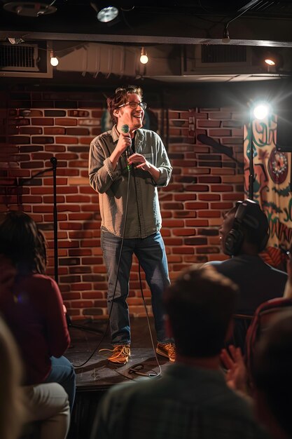 Photo energetic comedian entertaining a laughing audience in a cozy comedy club setting