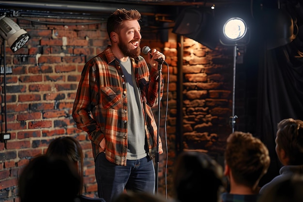 Photo energetic comedian entertaining a laughing audience in a cozy comedy club setting