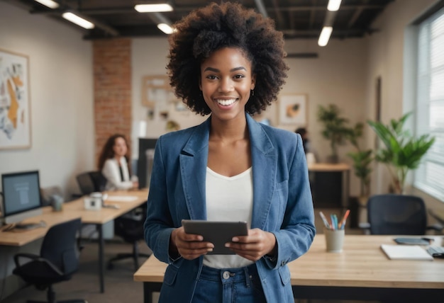 Energetic and confident businesswoman using a tablet in a dynamic office setting modern professional