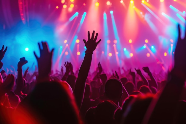 Energetic Crowd at a live concert with hands raised and colorful vibrant stage lights