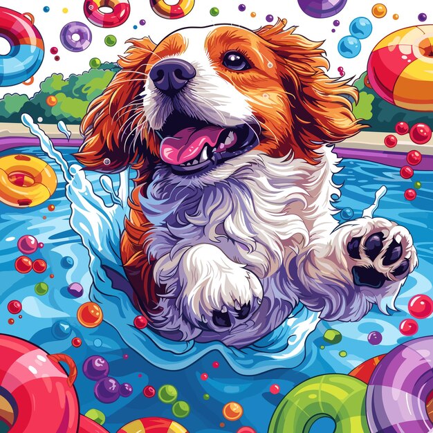 An energetic design showcasing a dog leaping into a pool with a splash surrounded by colorful pool