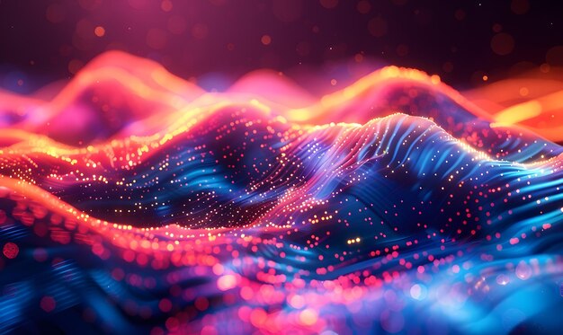 Photo energetic digital art with vibrant neon colors and glowing waveforms forming a mesmerizing