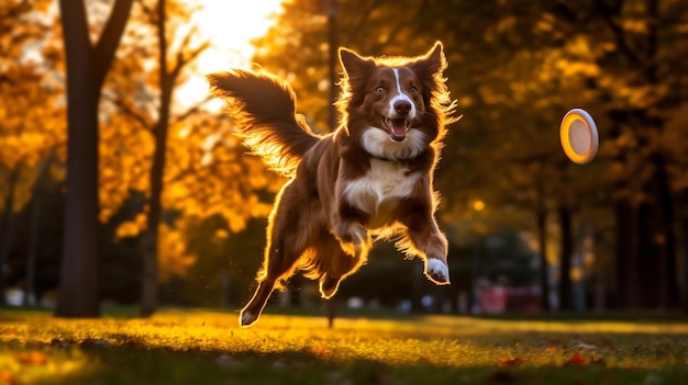 An energetic dog leaping through the air to catch a frisbee in a vibrant city park AI generated