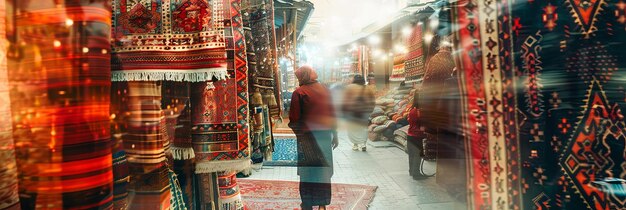 Photo energetic double exposure image showcasing the intricate and vibrant colors of an arabian textile ba