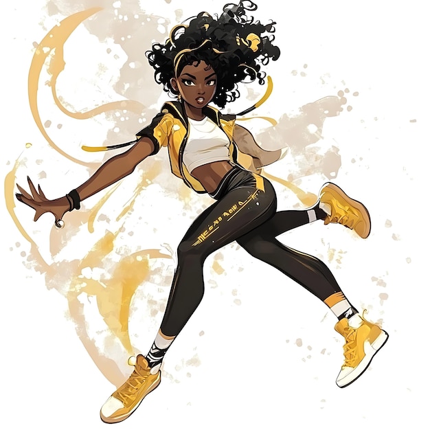 Energetic Female Athlete in MidAir with a Yellow and Black Color Scheme