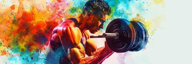 Energetic Fitness Journey Man Lifting Weights Against Vibrant Watercolor Background