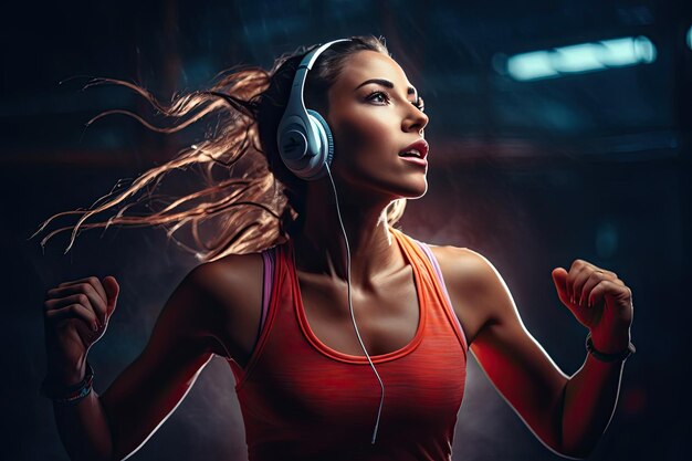 Energetic girl exercising while enjoying music dynamic fitness and workout scene