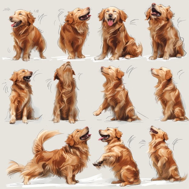 Photo energetic golden retriever dog playfully posing in studio with vibrant expressions