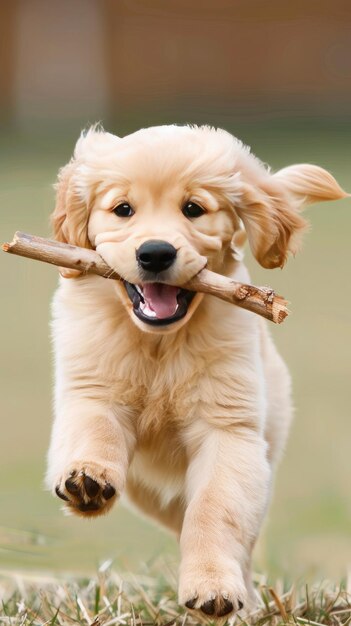 Photo energetic golden retriever puppy running with a stick in green grass