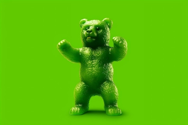 Energetic green gummy bear dancing on a vibrant green background Generative Ai