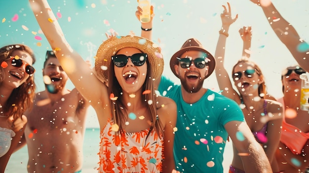 Photo energetic group of friends celebrating summer beach party