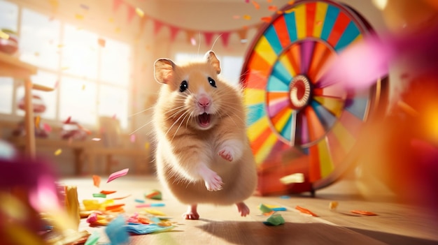 An energetic hamster spinning in a colorful wheel against a blurred living room background