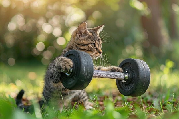 Photo energetic kitten lifting dumbbells in garden with blurred background