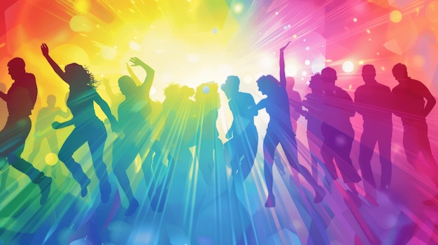 Photo energetic lgbtq celebration with dancing silhouettes and vibrant rainbow spotlights