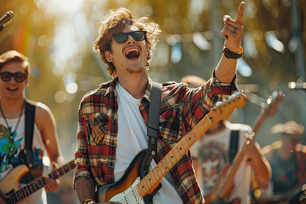 Energetic Live Outdoor Rock Concert with Guitarist and Band in Sunglasses