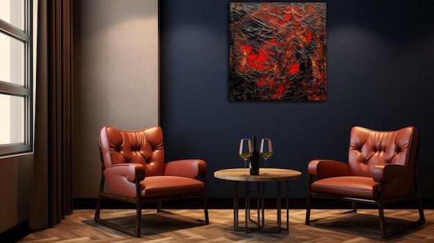 Energetic Lounge Room With Abstract Red Painting And Leather Chairs