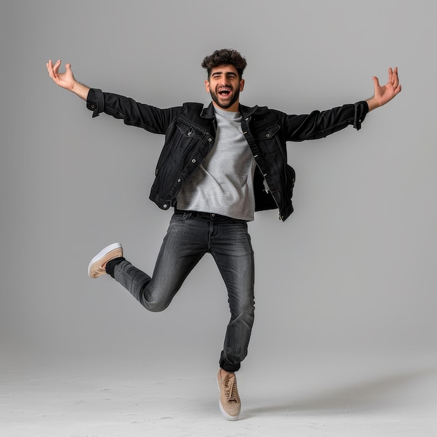 Energetic Man in Black Jacket and Jeans Soaring Through the Air