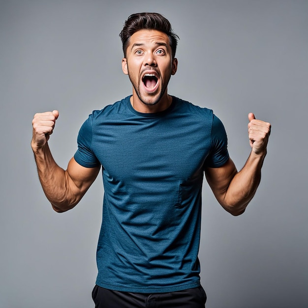 Energetic Man Shouting with Happiness in Studio Gray Background Medium Shot Modern