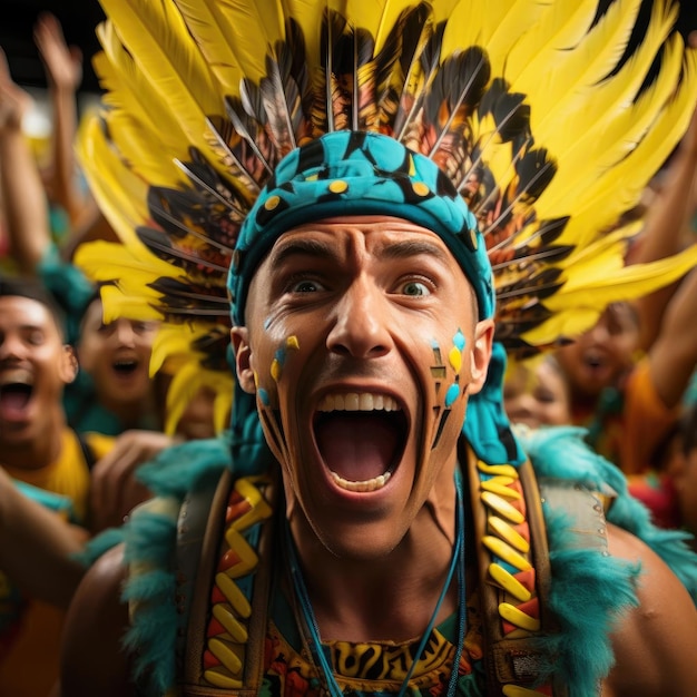 Energetic Native American cheering in vibrant chaotic atmosphere