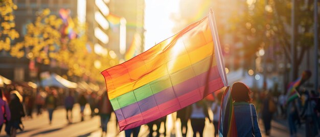 Energetic pride parade with a big rainbow flag leading the way sunny cityscape indistinct crowd