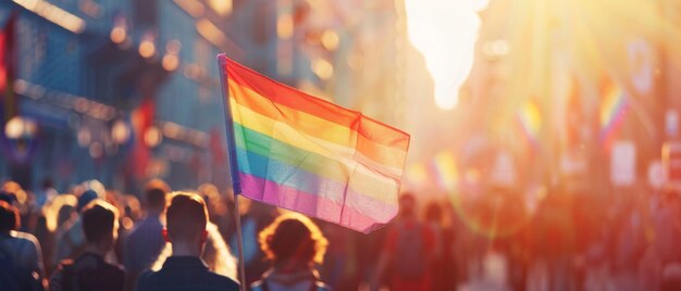 Energetic pride parade with a prominent rainbow flag cityscape under warm sunlight blurred crowd