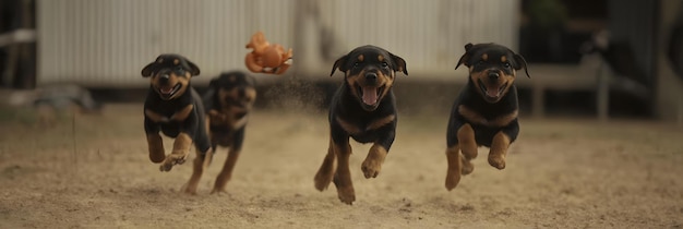 Photo energetic puppies chasing after a toy