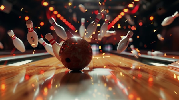 Energetic strike in a bowling game with ball hitting pins and sparks flying