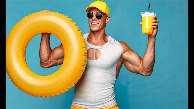 Photo energetic summer vibes with a vibrant yellow float and refreshing drink by the poolside