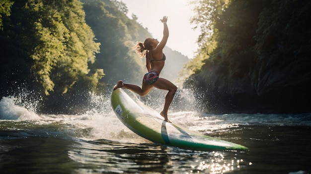 Energetic surfer catching a wave at sunset