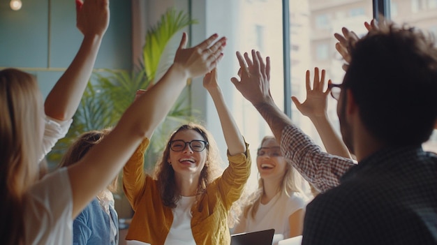 Energetic Team of Office Workers Celebrating Their Achievements with Joy and Enthusiasm in a Modern Workspace Setting