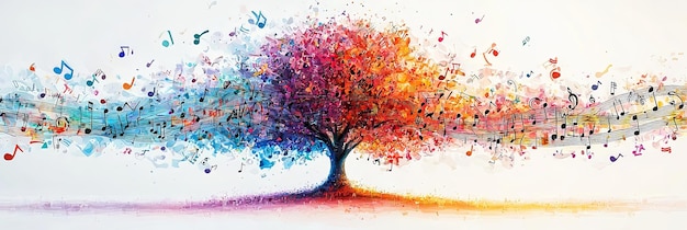 Energetic tree with colorful leaves and musical notes