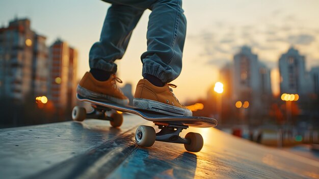 Photo an energetic urban skate park scene photographed featuring skaters in crisp focus against a blurred