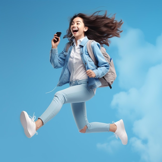 Energetic Woman in Casual Attire Joyfully Jumping and Running