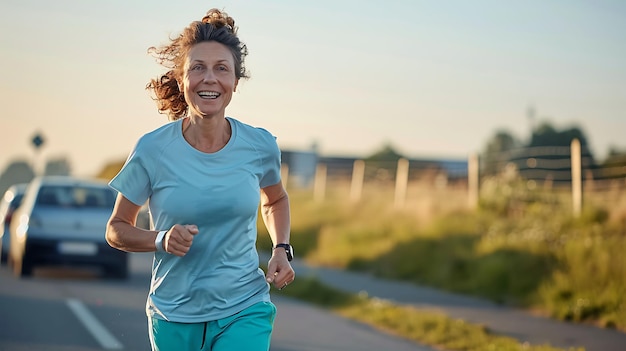 Energetic Woman Running on a Country Road